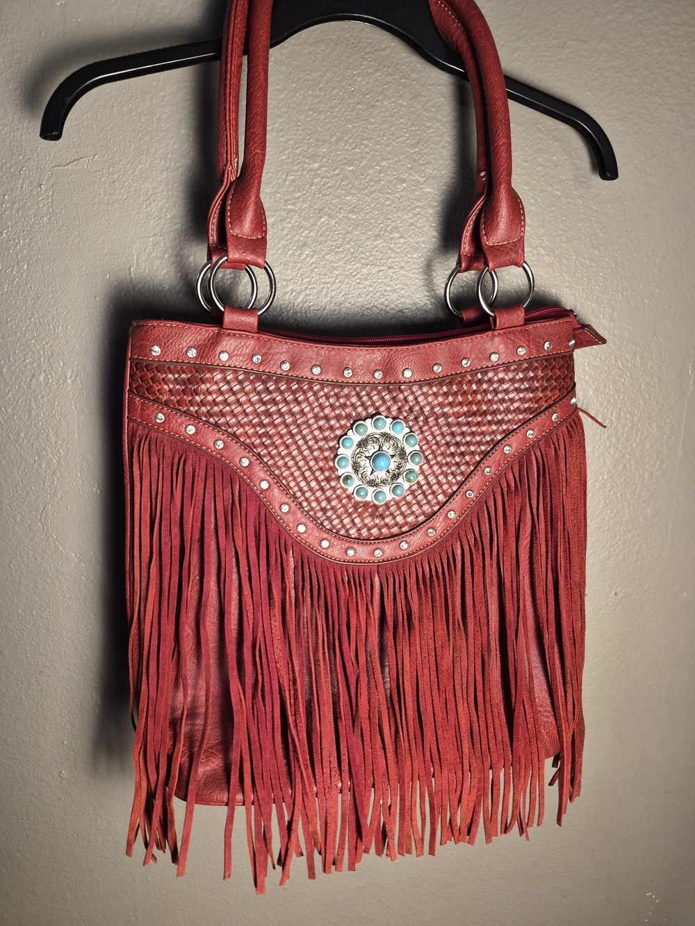 Red Fringe Bag with Turquoise Accent